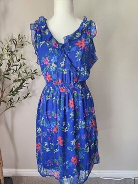 Old Navy Blue Floral Ruffle Midi Dress with Pink Flowers